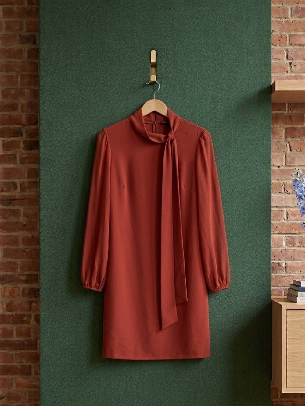 Glamour Red Long-Sleeve Tie-Neck Shift Dress